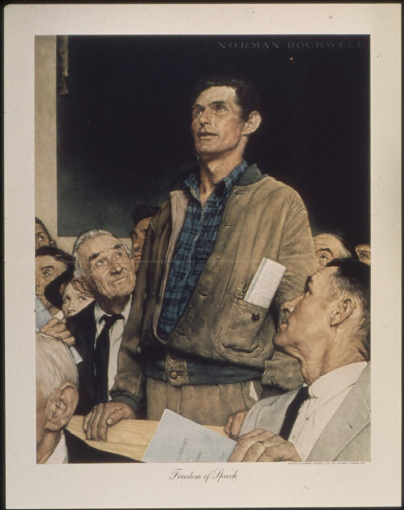 Norman Rockwell's Freedom of Speech painting, showing a middle-class white guy standing up in a meeting, while various other people look on approvingly.